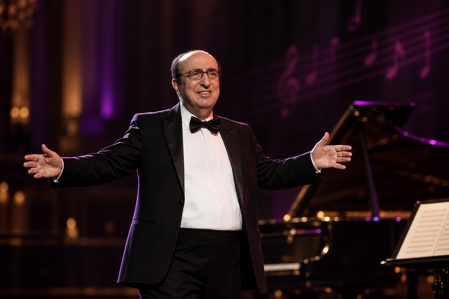 Designed portrait of Elias Rahbani with a grand piano